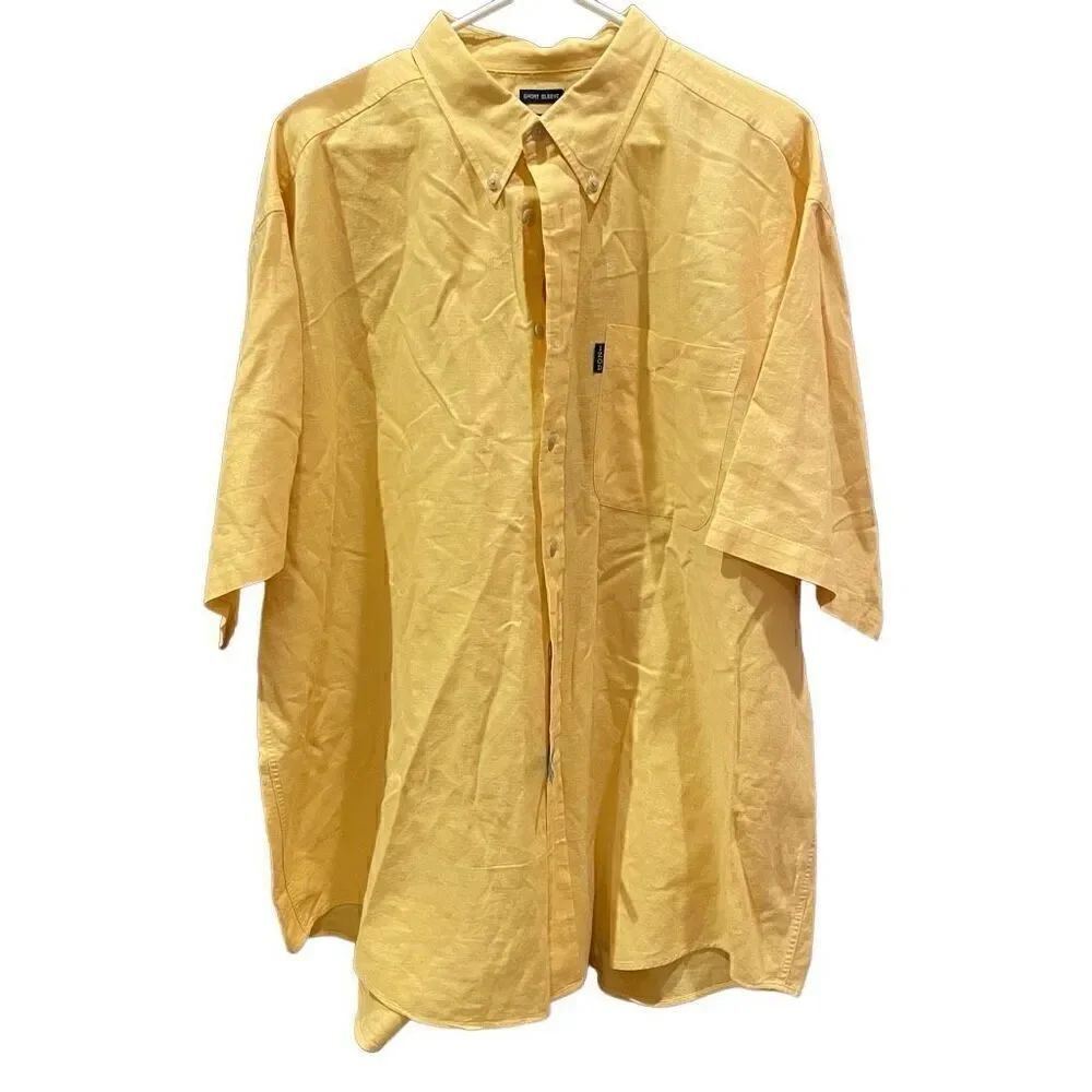 Izod Mens Button Down XL Yellow Linen Blend Short Sleeve Shirt Beach Luau Vacay